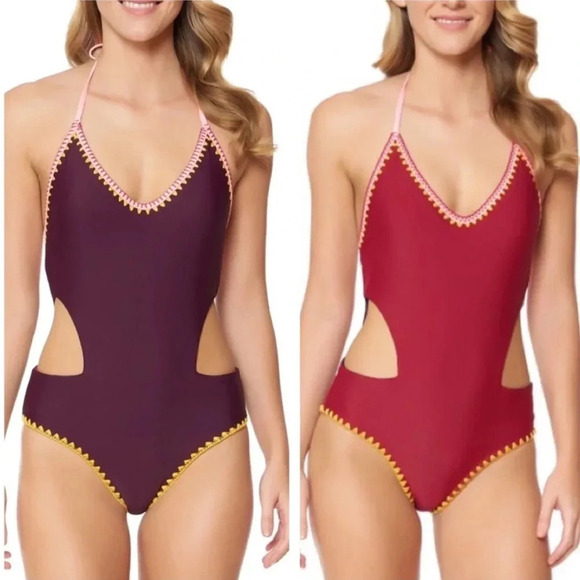 Jessica Simpson Other - Jessica Simpson Reversible Embroidered Edge Monokini Purple/Deep Red
